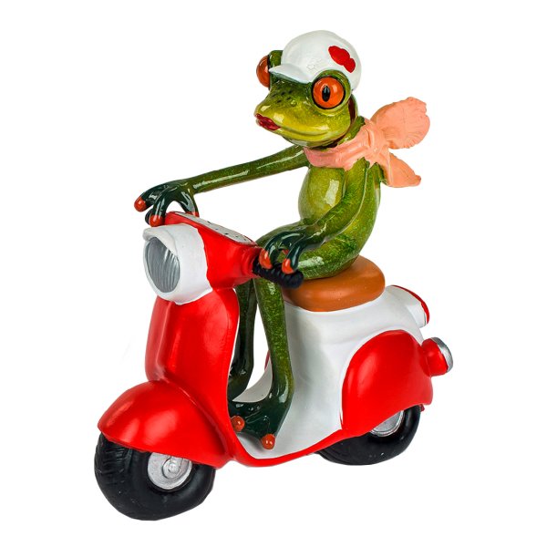 Frosch Frau auf rotem Roller 15x16 cm - Dekofigur für Rollerfahrer, Deko Motorroller Frösche, lustige Dekoration Motorrad