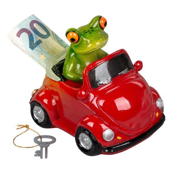 Spardose Frosch in rotem Käfer 12x11 cm - Sparbüchse Führerschein, Dekofigur Auto Frösche, lustige Dekoration