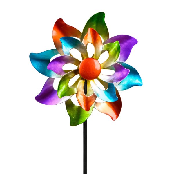 Metall Windrad Blume Regenbogen H:110 cm -  Gartenstecker, Gartendekoration, Windspiel, Metallwindrad, Garten Deko
