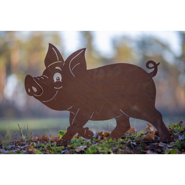 Dekofigur Schwein Ferkel auf Platte im Rost Design - Rostfigur für den Garten, Gartendeko, Metalldeko Bauernhof, Terrassendeko