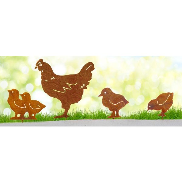 Gartenstecker Huhn mit 3 Küken zum Schrauben im Rost Design  - Rostfigur Hühner, Gartendeko Bauernhof, Dekofigur für den Garten
