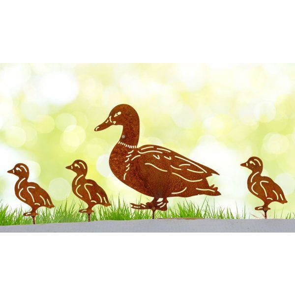 Gartenstecker Ente mit 3 Küken zum Schrauben im Rost Design  - Rostfigur Enten, Gartendeko Bauernhof, Dekofigur für den Garten