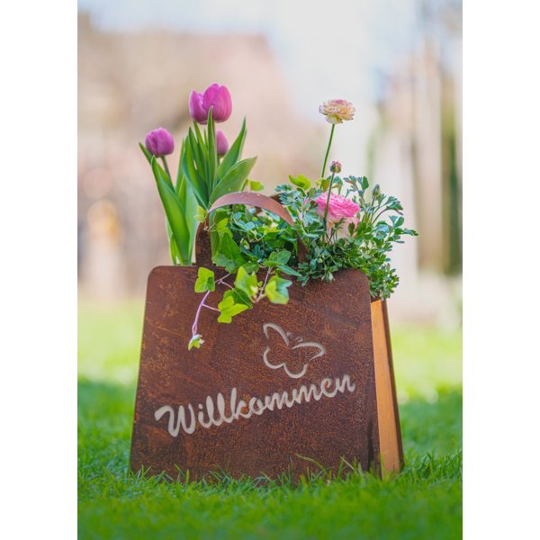 Dekofigur Tasche Willkommen zum Bepflanzen 32x27cm im Rost Design - Pflanzkübel mit Schmetterling, Rostfigur Einkaufstasche, Gartendeko, Blumentopf, Metalldeko