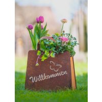 Dekofigur Tasche Willkommen zum Bepflanzen 32x27cm im Rost Design - Pflanzkübel mit Schmetterling, Rostfigur Einkaufstasche, Gartendeko, Blumentopf, Metalldeko