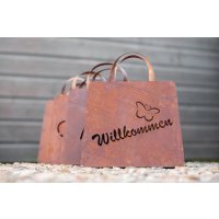 Dekofigur Tasche Willkommen zum Bepflanzen 32x27cm im Rost Design - Pflanzkübel mit Schmetterling, Rostfigur Einkaufstasche, Gartendeko, Blumentopf, Metalldeko