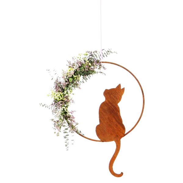 Katze mit Blick nach oben im Ring D:40 cm zum Hängen im Rost Design - Rostfigur für den Garten, Hänger, Gartendeko, Hängedeko