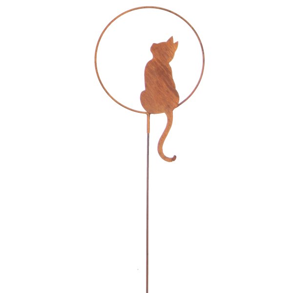 Gartenstecker Katze im Ring mit Blick nach oben H:140 cm im Rost Design - Rostfigur für den Garten, Gartendeko für Katzenliebhaber