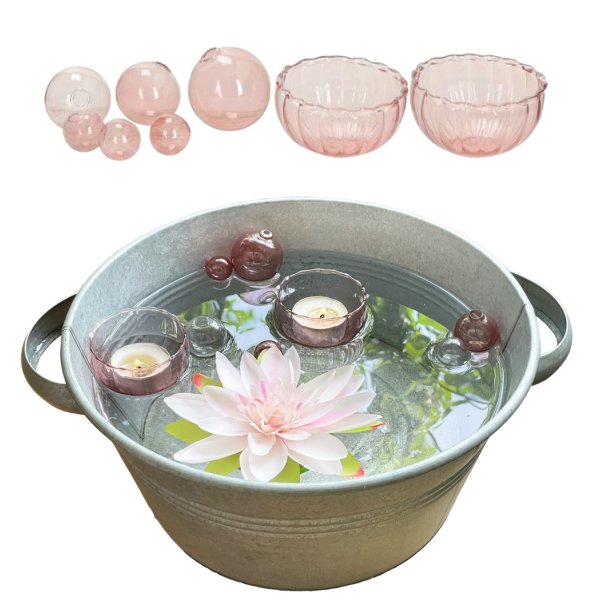 Glas Schwimmschale mit Schwimmkugel rosa, 8-teilig - Schwimmsortiment, Teichdeko, Schwimmkerzen, Tischdeko, Teelichthalter