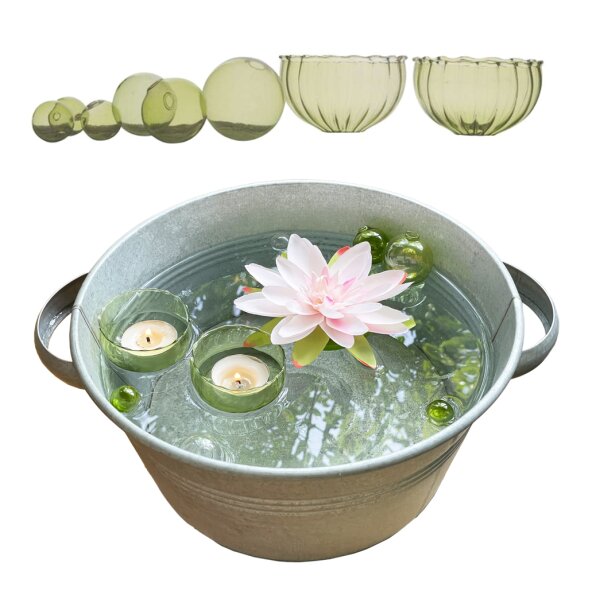 Glas Schwimmschale mit Schwimmkugel grün, 8-teilig **B-WARE** - Schwimmsortiment, Teichdeko, Schwimmkerzen, Tischdeko, Teelichthalter