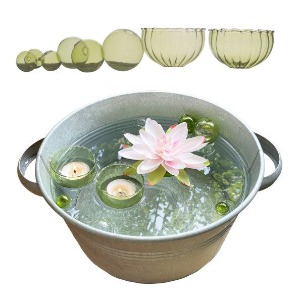 Glas Schwimmschale mit Schwimmkugel grün, 8-teilig - Schwimmsortiment, Teichdeko, Schwimmkerzen, Tischdeko, Teelichthalter