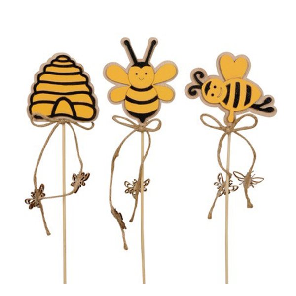 Blumenstecker Biene und Bienenkorb aus Holz, 3er Set - Frühlingsdeko, Pflanzstecker, Blumen Deko, Imker, Bienenhaus