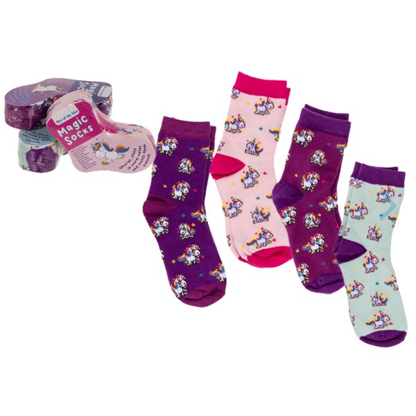 Magische Socken Comic Einhorn, 4 Paar Kindersocken Gr. 22-34 - Wichtelgeschenk, Adventskalenderfüllung, Zaubersocken