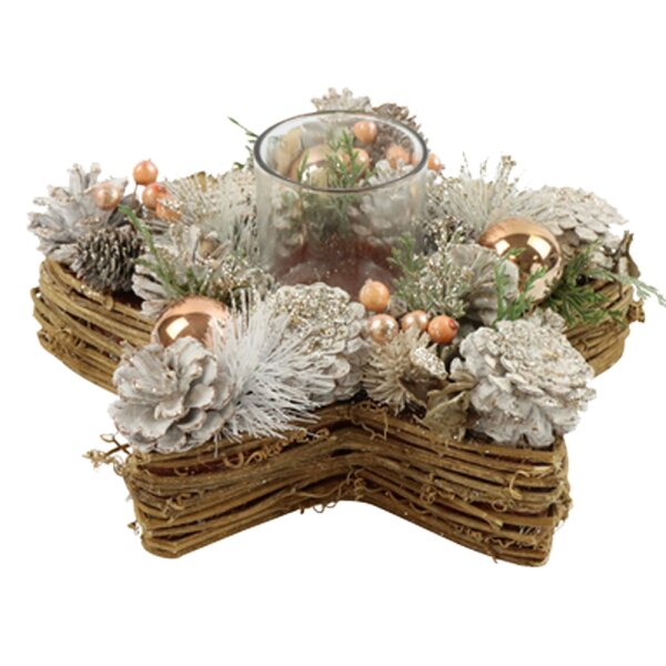 Grosses Adventsgesteck Sternlichter "Carnel" D:28 cm mit Zapfen, Kugeln und Teelichtglas - Adventsdeko Stern, Adventskranz, weihnachtliche Tischdeko