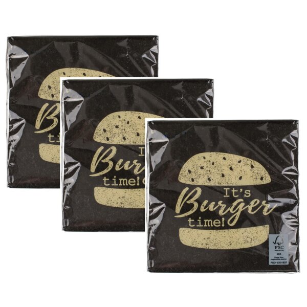 Servietten Burger Time 3 x 20er Pack (33x33 cm) - Papierservietten, Tischdeko, Party, Grillparty
