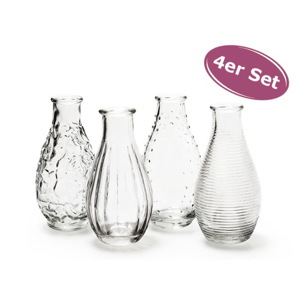 4er Set Glasflaschen Decor - Vase, Tischdekoration, Glasvasen, Landhausdeko, Gastronomie