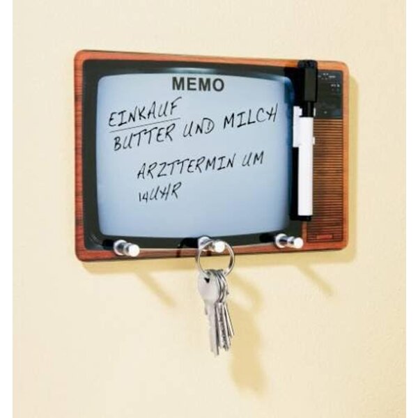 Schlüsselbrett Memoboard "Retro-TV Fernseher" aus Glas mit 3 Haken und Stift - Memobord, Memos, Schlüsselkasten, Schlüsselbord, Schreibtafel