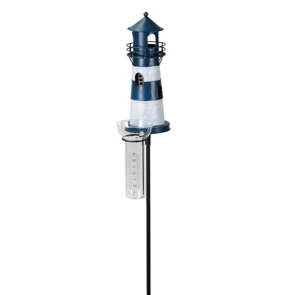 Regenmesser Gartenstecker Leuchtturm blau-weiss H:136 cm aus Eisen - Deko Niederschlagsmesser maritim, Schiff, Küste, maritime Gartendeko Meer, Metalldeko