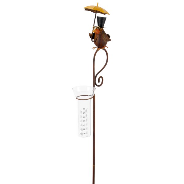 Regenmesser Gartenstecker Rabe mit Regenschirm H:115 cm im Rostdesign - Deko Rostfigur, Niederschlagsmesser Vögel Garten, Gartenteich, Gartendeko, Metalldeko