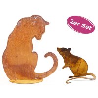 Dekofigur Katze mit Maus im Rost Design, Rostfigur für...