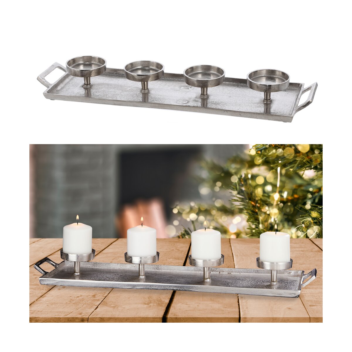 Kerzenhalter Adventskranz Tablett länglich L 55 cm aus Metall Silber