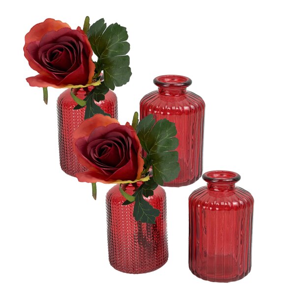 4er Set Glasflaschen "Jazz" rot - kleine Vase, Blumenvase, Tischdekoration, Glasvasen, Landhaus