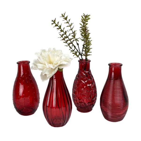 4er Set Glasflaschen "Decor", rot - Vase, Tischdekoration, Glasvasen, Landhausdeko, Gastronomie