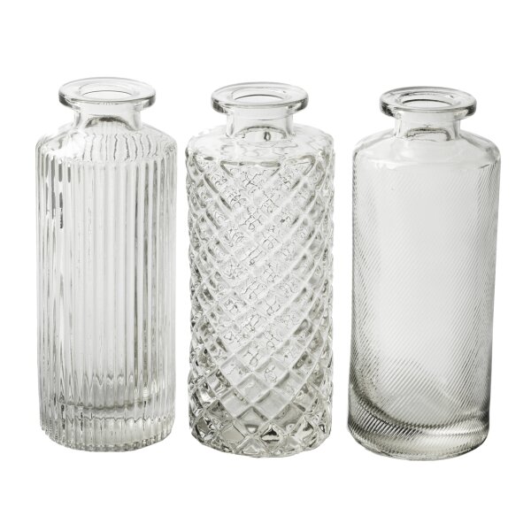3er Set Glasflaschen "Alanis" - kleine Vase, Tischdekoration, Glasvasen, Landhaus Vasen, Deko Hochzeit