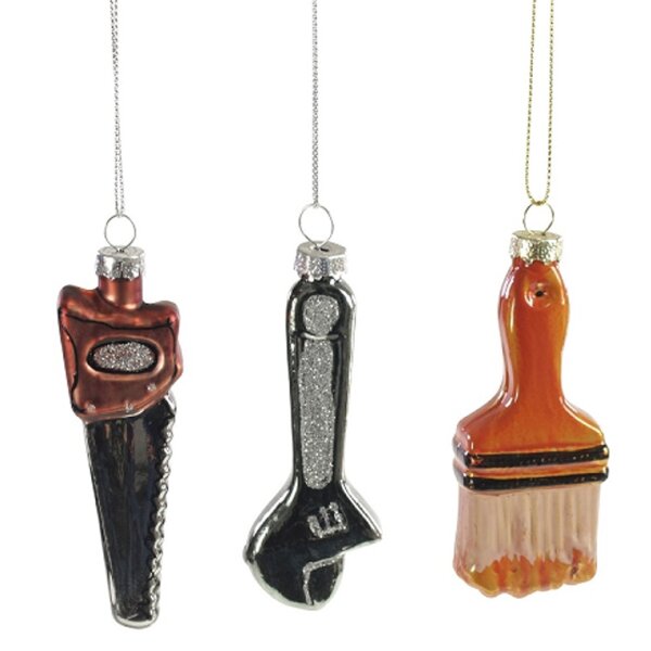 Baumschmuck Werkzeug 3er Set (Pinsel, Schraubenschlüssel & Säge) - Baumkugel für Handwerker, Weihnachtsdeko Männer, Christbaumkugel, Weihnachten