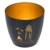 Windlicht Maritim (2er Set) 10x9 cm aus Metall mit Leuchtturm und Anker - Maritime Deko, Dekofigur Küste, Gartendeko Meer, Teelichthalter, Kerzenhalter