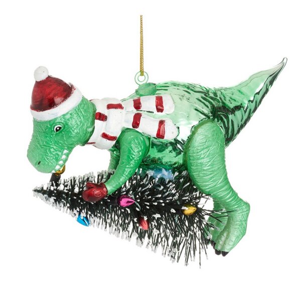 Baumschmuck Dinosaurier mit Weihnachtsbaum - Baumkugel Dino, Weihnachtsdeko, Christbaumkugel, Christbaumschmuck, Weihnachten