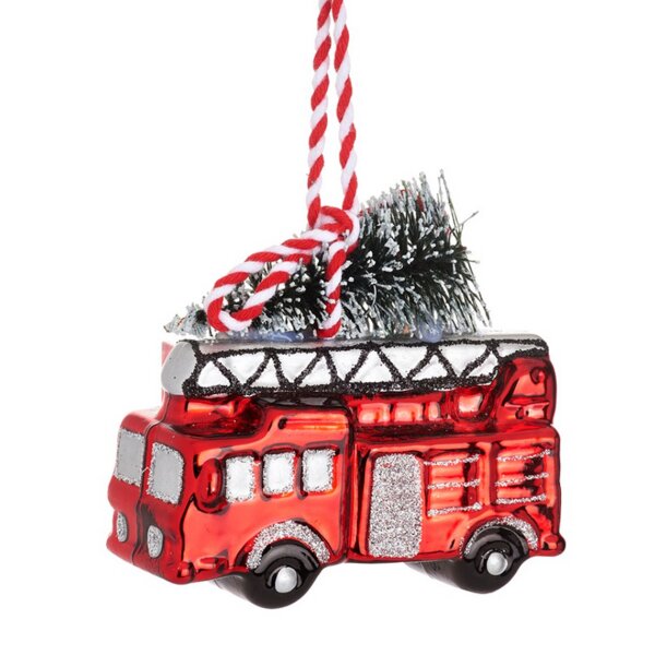 Baumschmuck Feuerwehrauto mit Weihnachtsbaum - Baumkugel Feuerwehr, Weihnachtsdeko, Christbaumkugel, Christbaumschmuck, Weihnachten