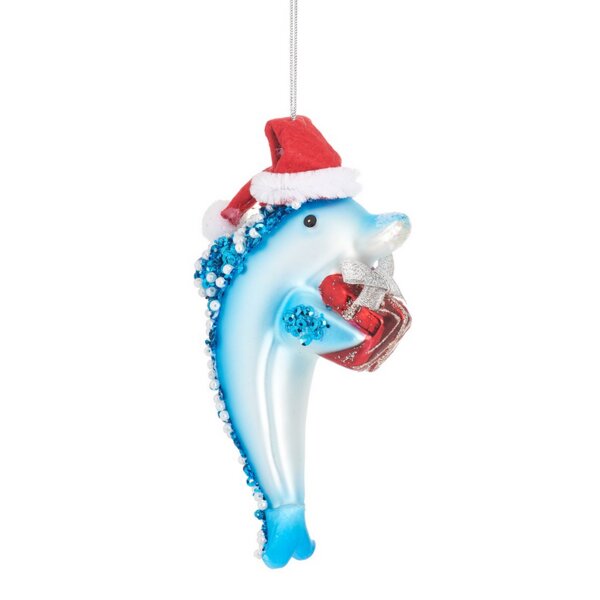 Baumschmuck Delphin mit Geschenk - Baumkugel Delfin, Weihnachtsdeko Meer Fisch, Christbaumkugel, Christbaumschmuck, Weihnachten