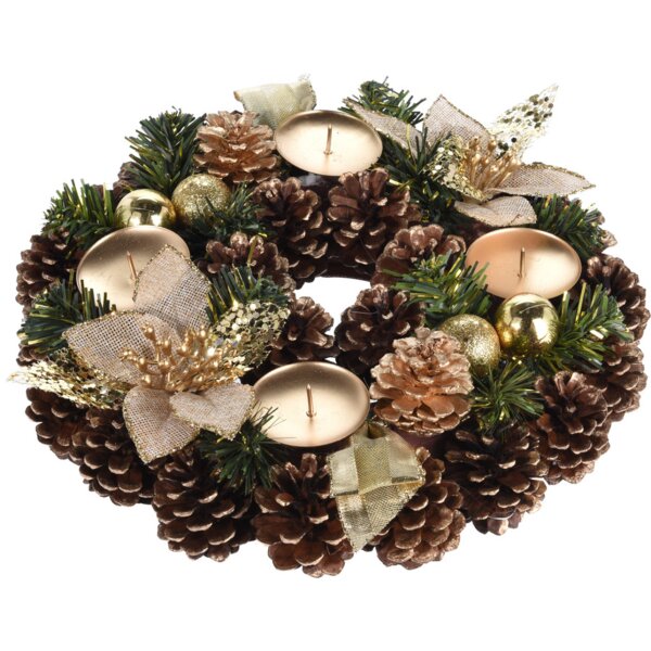 Adventskranz mit Zapfen, goldenen Kugeln und Stoffblüten - Weihnachtsdekoration, Adventsgesteck, Deko Advent Weihnachten
