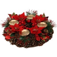 Adventskranz mit Zapfen, roten Beeren und Weihnachtsstern...