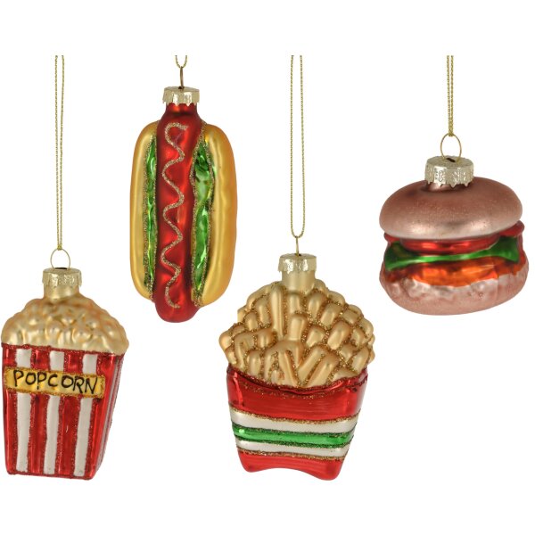 Baumschmuck Fast Food (4er Set) - Hamburger, Pommes, Popcorn, Hot Dog - Baumkugel Essen, Weihnachtsdeko, Christbaumkugel, Weihnachten