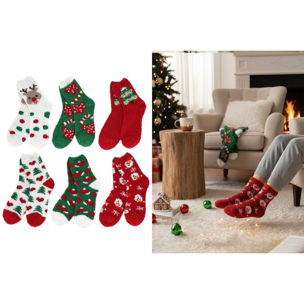 6 Paar Kuschelsocken Weihnachten XMAS - Hüttensocken, Wintersocken, Hausschuh Socken, Wohlfühlsocken, Strumpf, Hütten-Strümpfe