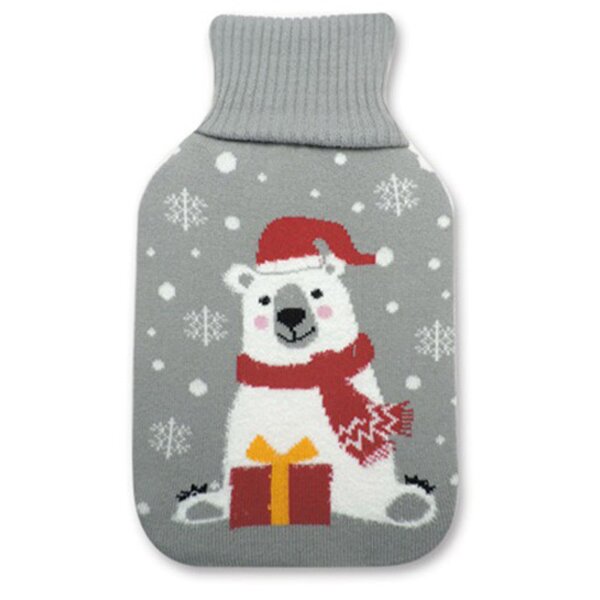 Wärmflasche Eisbär im Schnee mit Geschenk, 2 L mit Strickbezug - Bettflasche, Wärmekissen, Weihnachten, Winter