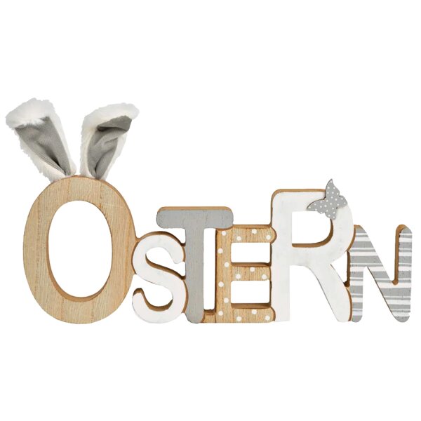 Deko Schriftzug Ostern mit Plüschohren Hase und Schmetterling aus Holz 30 cm - Oster Deko Aufsteller grau weiß, Osterdeko