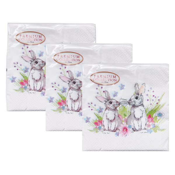 Servietten Hasenpaar 3 x 20er Pack (33x33 cm) - Papierservietten Hase, Tischdeko Ostern, Osterserviette Osterhase