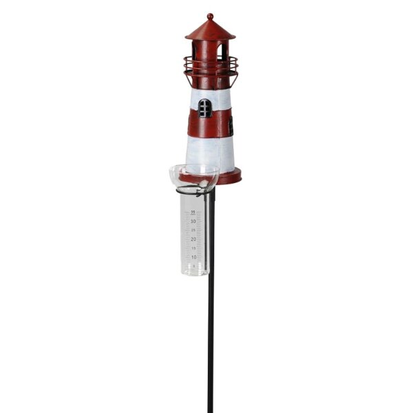 Regenmesser Gartenstecker Leuchtturm rot-weiss H:136 cm aus Eisen - Deko Niederschlagsmesser maritim, Schiff, Küste, maritime Gartendeko Meer, Metalldeko