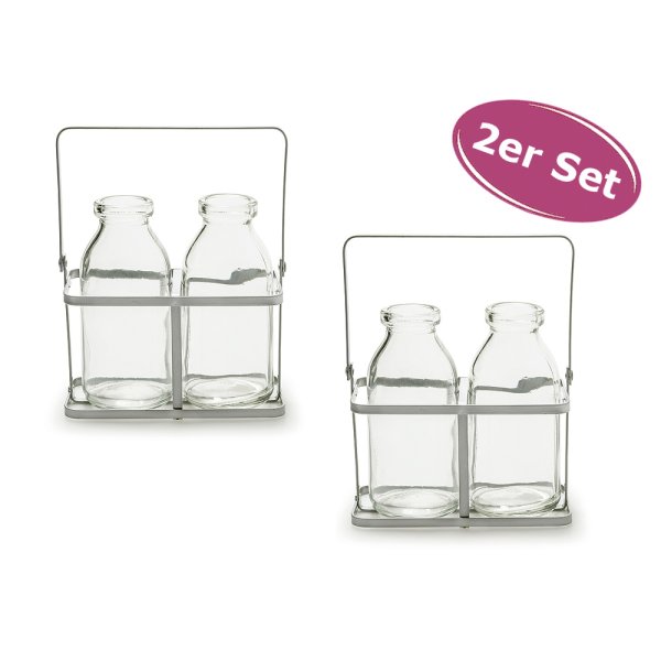 2x Kleine Glasflaschen "Kaia“ 2er Set im Metallständer - Vase, Tischdekoration, Glasvasen, kleine Vase,