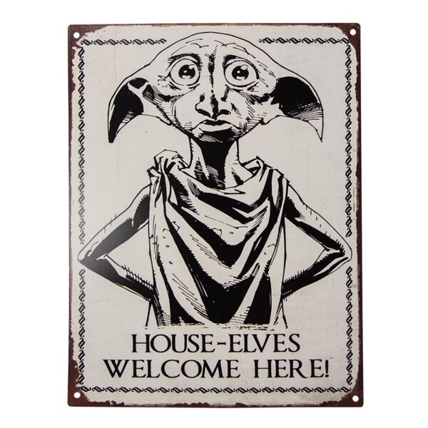 Blechschild Elf HOUSE ELVES WELCOME HERE Retro Vintage 25x33 cm - Metall Schild Elfe, Nostalgie Deko Schild, Wandtafel, Textschild