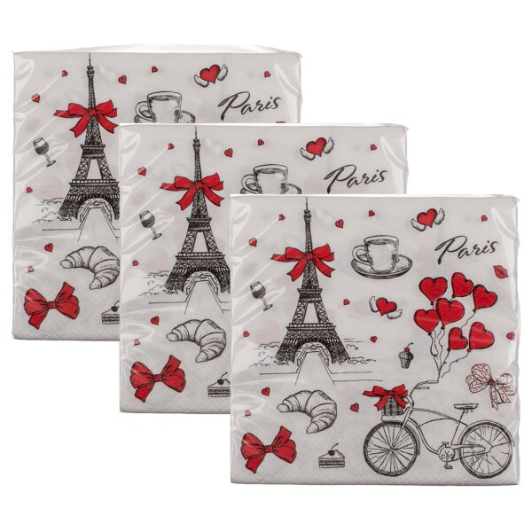 Servietten Paris 3 x 20er Pack (33x33 cm) - Papierservietten Frankreich, Eiffelturm, Tischdeko, Party, Grillparty