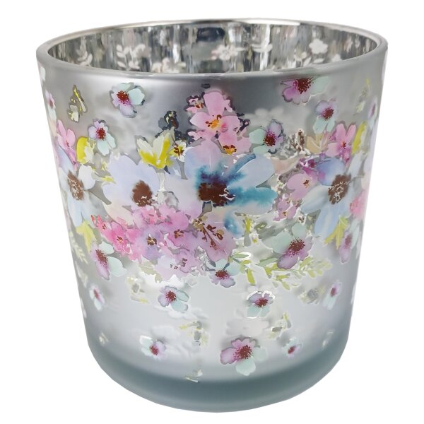 Glas Windlicht Blumen antik H:15 cm - Deko Kerzenleuchte Kerzenhalter, Teelichthalter Blume, Garten Deko, Tischdeko