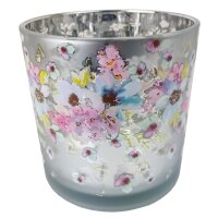 Glas Windlicht Blumen antik H:15 cm - Deko Kerzenleuchte Kerzenhalter, Teelichthalter Blume, Garten Deko, Tischdeko