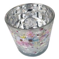 Glas Windlicht Blumen antik H:15 cm - Deko Kerzenleuchte Kerzenhalter, Teelichthalter Blume, Garten Deko, Tischdeko