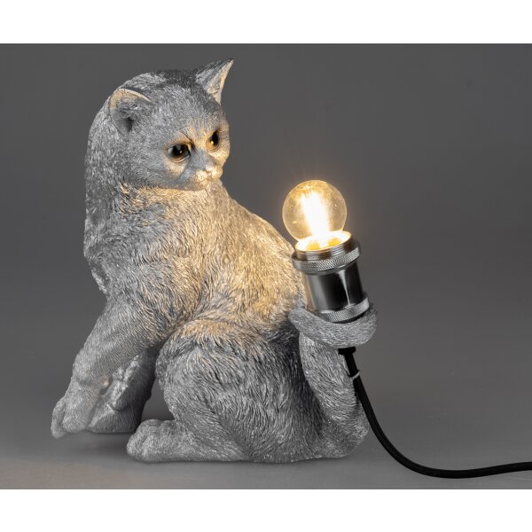 Tischleuchte Lampe Katze H:32 cm antik silber -  Tischlampe, Moderner Deko Stil, Tierleuchte Katzen