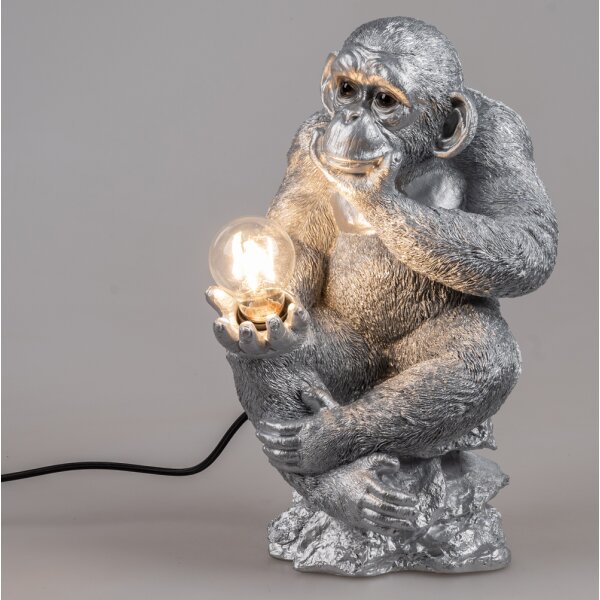 Tischleuchte Lampe Affe Schimpanse silber H:41 cm - Wohnzimmerlampe, Dekolampe Tier, Leselampe, Tischlampe, Affen Lampe, Tierlampe
