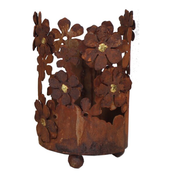 Windlicht Blütentraum 33x18 cm mit aufgesetzten Blüten im Rost Design - Blüte, Rostfigur, Dekofigur, Gartendeko, Kerzenhalter, Teelichthalter, Metalldeko