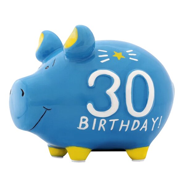 KCG Sparschwein Happy Birthday 30 aus Keramik - Spardose Geburtstag, Jubiläum, Sparbüchse, Geldbüchse